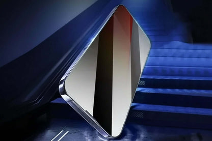 Glass panel with text highlighting impact resistance and hardness upgrade, set against a dark background.