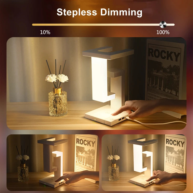 Levitating desk lamp with 10W wireless charger from OT Lifestyle Store, showcasing its modern floating design and illumination.