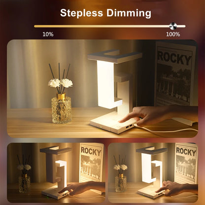 Levitating desk lamp with 10W wireless charger from OT Lifestyle Store, showcasing its modern floating design and illumination.