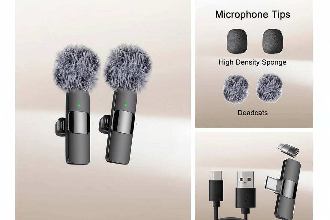 Wireless Lavalier Microphone 2-in-1 with USB-C connection and noise-canceling features, suitable for professional audio recording.