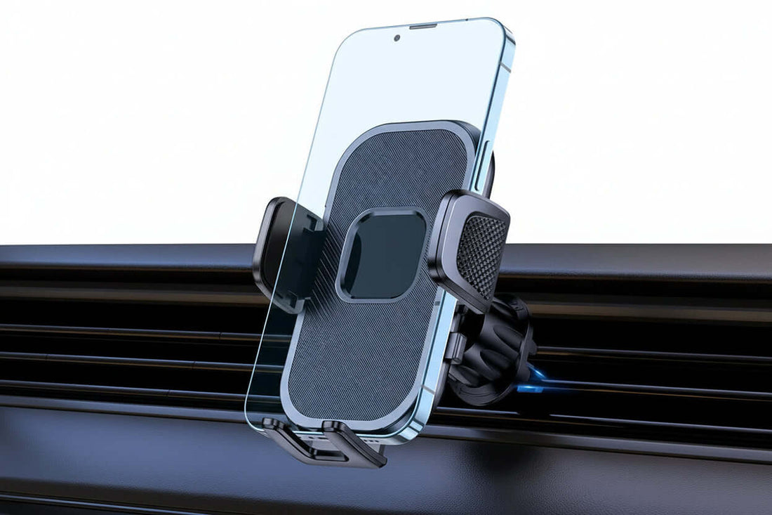 Universal car phone holder featuring gravity mount design, securely holding smartphone on dashboard.