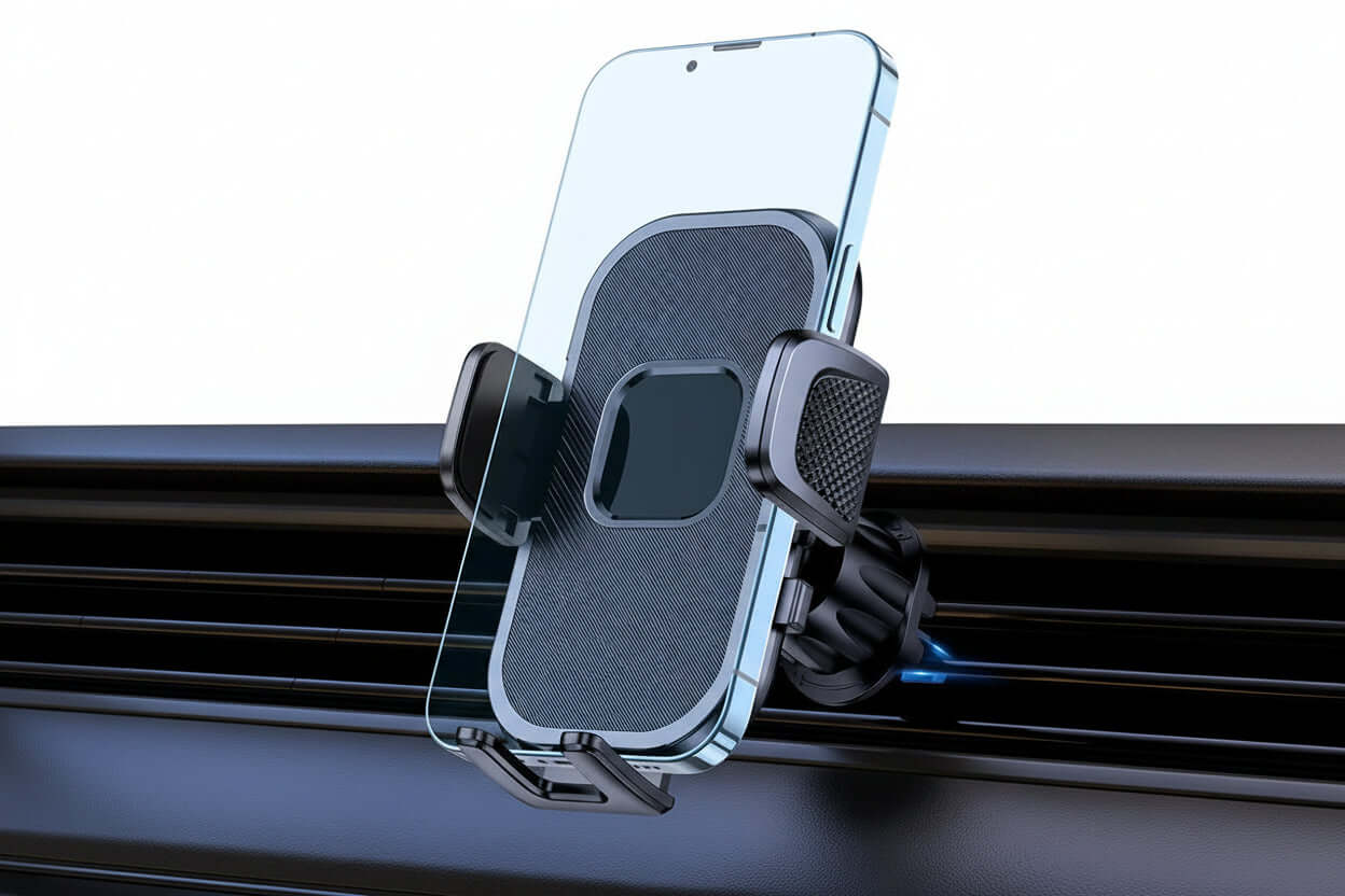 Universal car phone holder featuring gravity mount design, securely holding smartphone on dashboard.