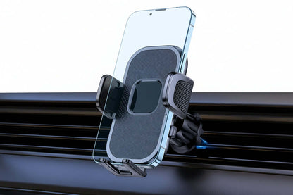 Universal car phone holder featuring gravity mount design, securely holding smartphone on dashboard.