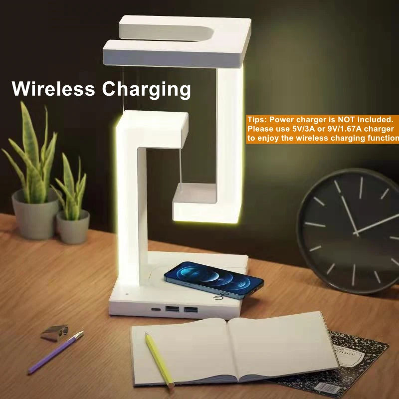 Levitating desk light with floating lamp and 10W wireless charger by OT Lifestyle Store, showcasing a modern lighting fixture.