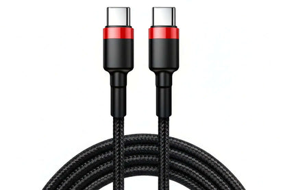 Baseus 100W USB-C fast charging cable with black and red braided design, ideal for fast data transfer and charging.