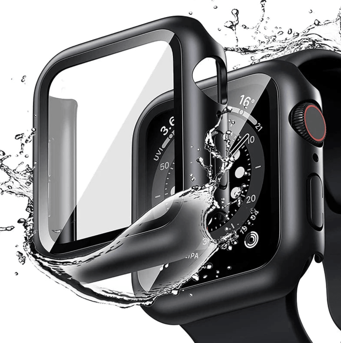 Tempered glass screen protector with cover for Apple Watch, designed to shield the display from scratches and impacts.