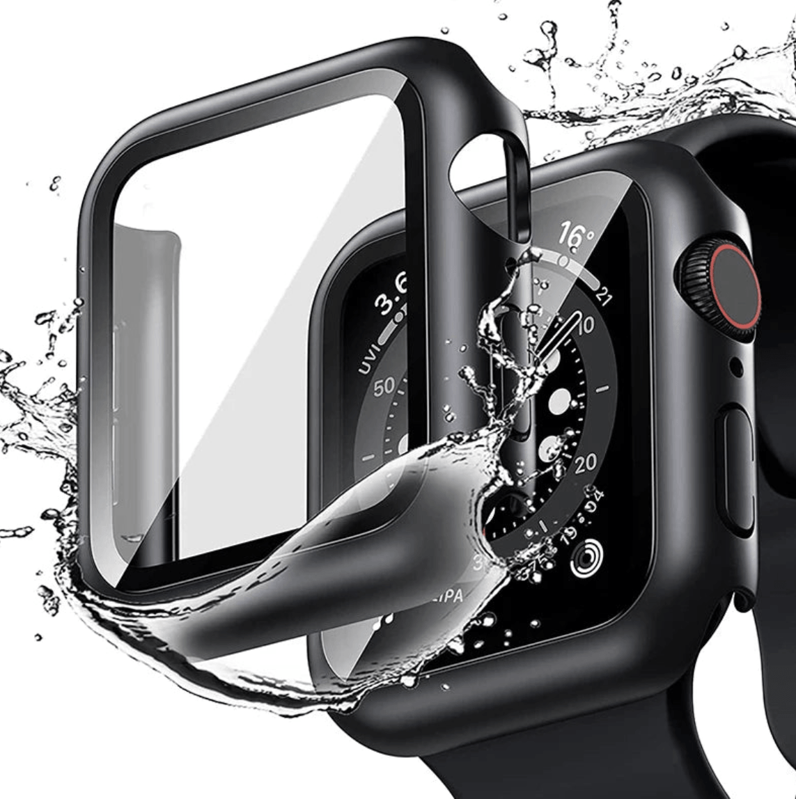 Tempered glass screen protector with cover for Apple Watch, designed to shield the display from scratches and impacts.