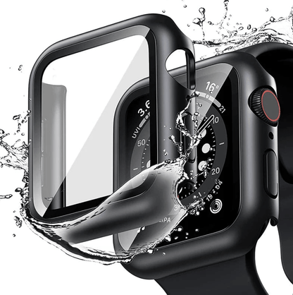 Tempered glass screen protector with cover for Apple Watch, designed to shield the display from scratches and impacts.