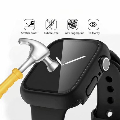 Tempered glass screen protector with cover for Apple Watch, designed to protect the display.