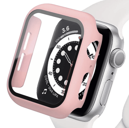 Tempered glass screen protector and cover for Apple Watch, compatible with various models, providing protection and style.