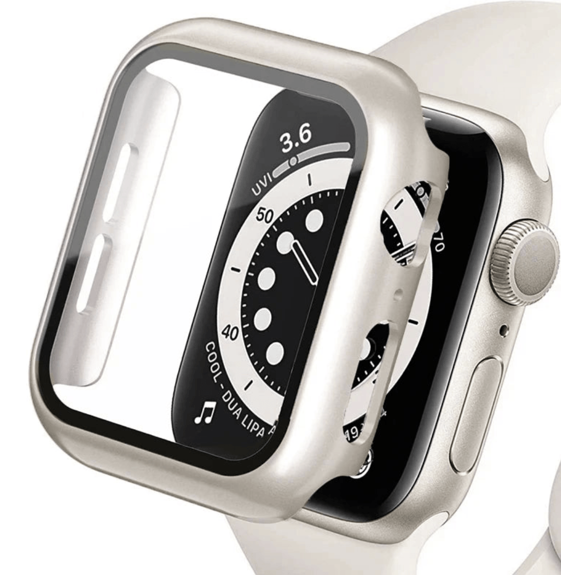 Apple Watch tempered glass screen protector with cover from Watch Bands Store showing a close-up of the protective film on the watch face.