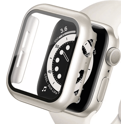 Apple Watch tempered glass screen protector with cover from Watch Bands Store showing a close-up of the protective film on the watch face.