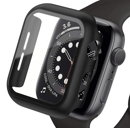 Tempered glass screen protector and cover for Apple Watch, designed to safeguard the watch display and edges.