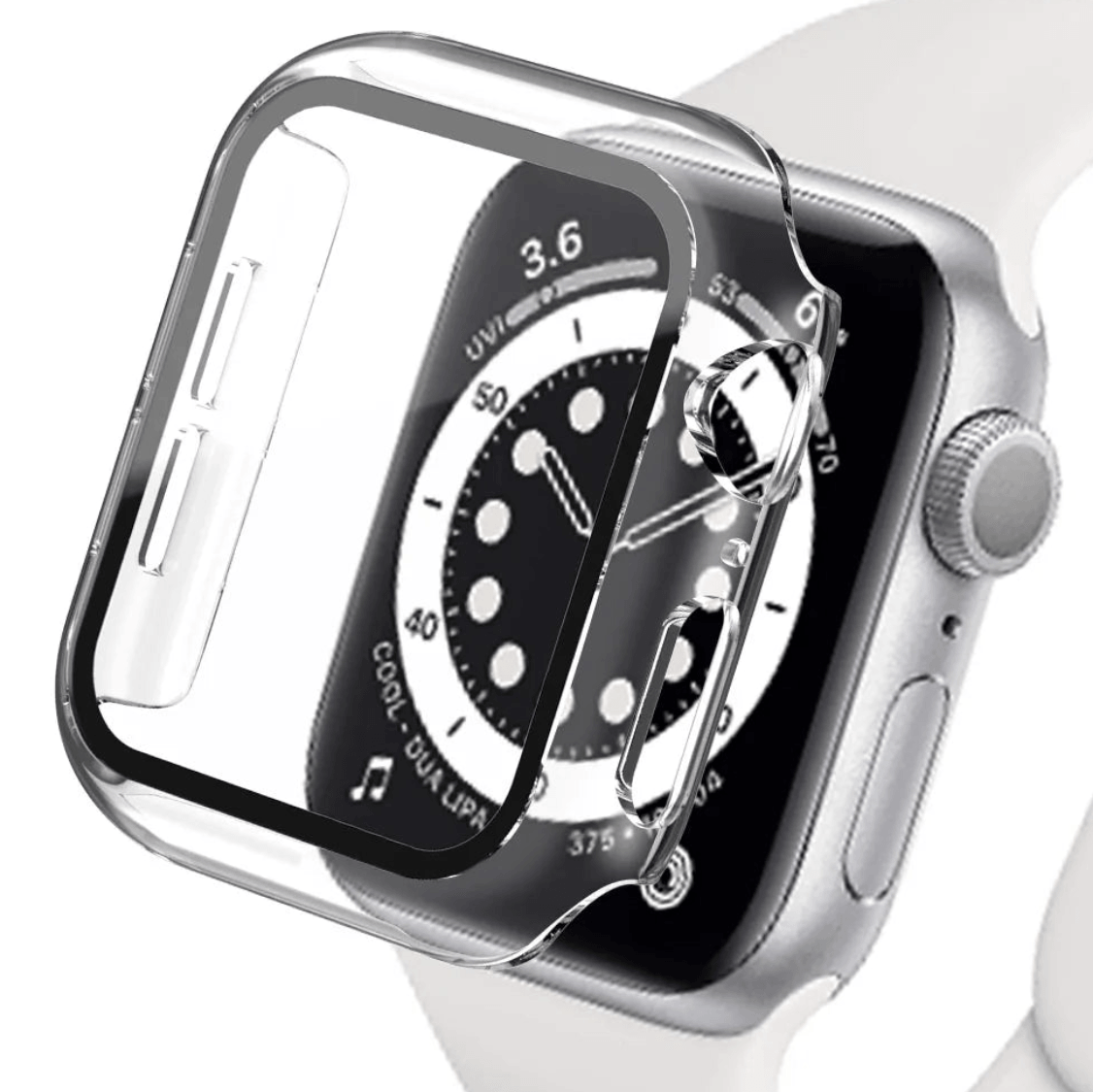 Tempered glass screen protector with cover for Apple Watch, shown with protective accessories in the image.