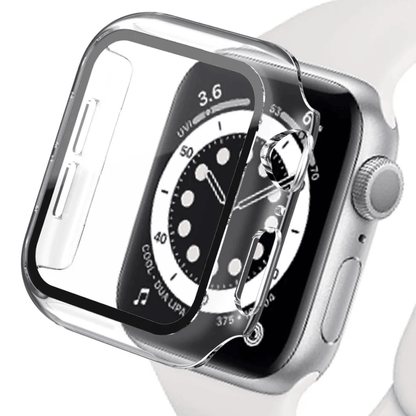 Tempered glass screen protector with cover for Apple Watch, shown with protective accessories in the image.