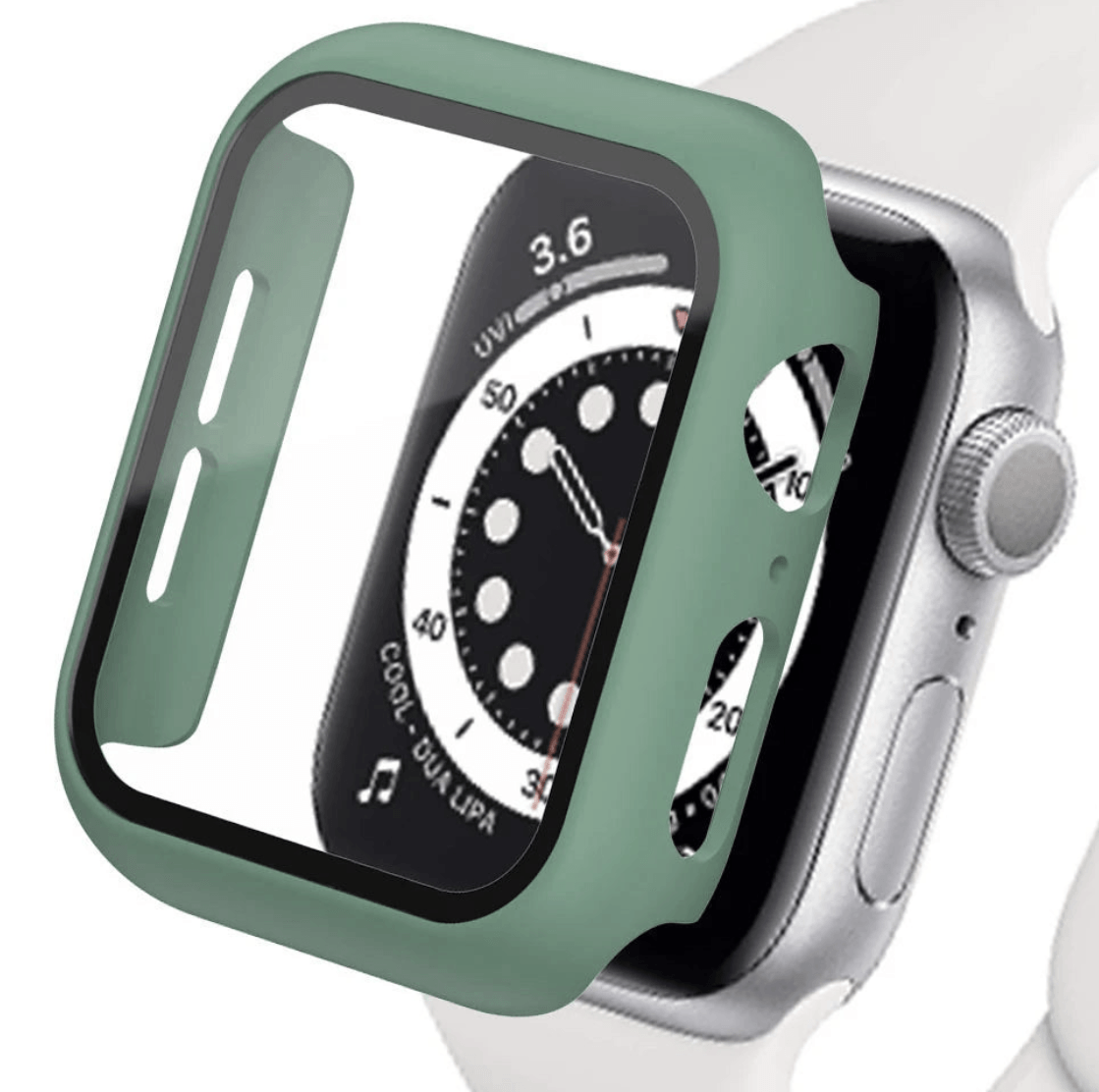 Tempered glass screen protector with cover for Apple Watch, designed to protect the smartwatch display.