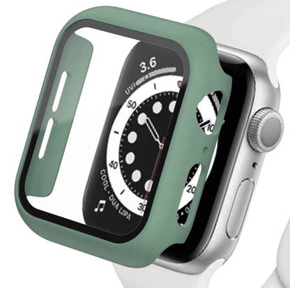Tempered glass screen protector with cover for Apple Watch, designed to protect the smartwatch display.