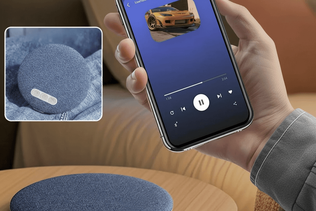 Blue wireless charging pad with Bluetooth connection feature, shown with a phone and text overlay.