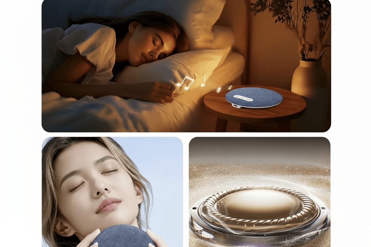 Collage of a person using an under pillow speaker, holding a round device, and close-up of the device.