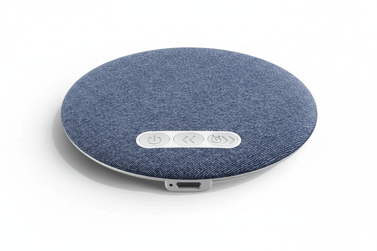 Blue textured electronic device with control panel on a light gray background