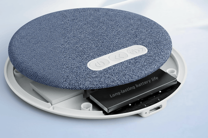 Blue fabric-covered electronic device with Type-C port and battery life text on a light blue background