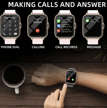 Waterproof DESERTCAT smart watch displaying message notifications and call answer screen on a digital interface.