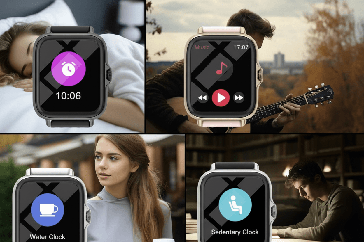 Smartwatch with various functions displayed on its screen in different scenarios.
