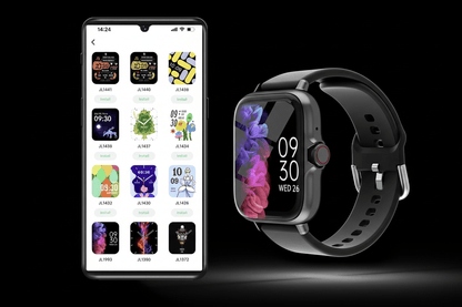 Smartwatch with app interface on phone screen displaying various watch faces.