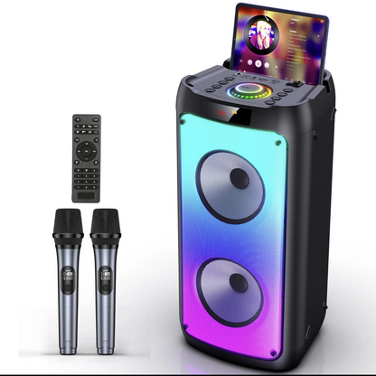 Wireless Karaoke Machine speaker with two microphones and colorful LED party lights by Tech Viral To You Limited.