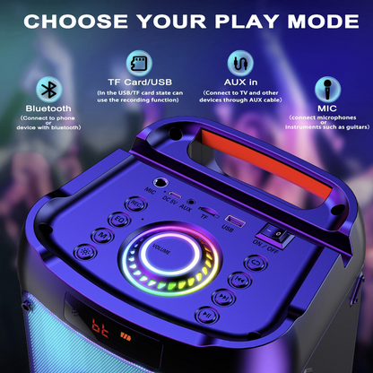 Wireless karaoke speaker with dual microphones and colorful LED lights, ideal for parties by Tech Viral To You Limited.