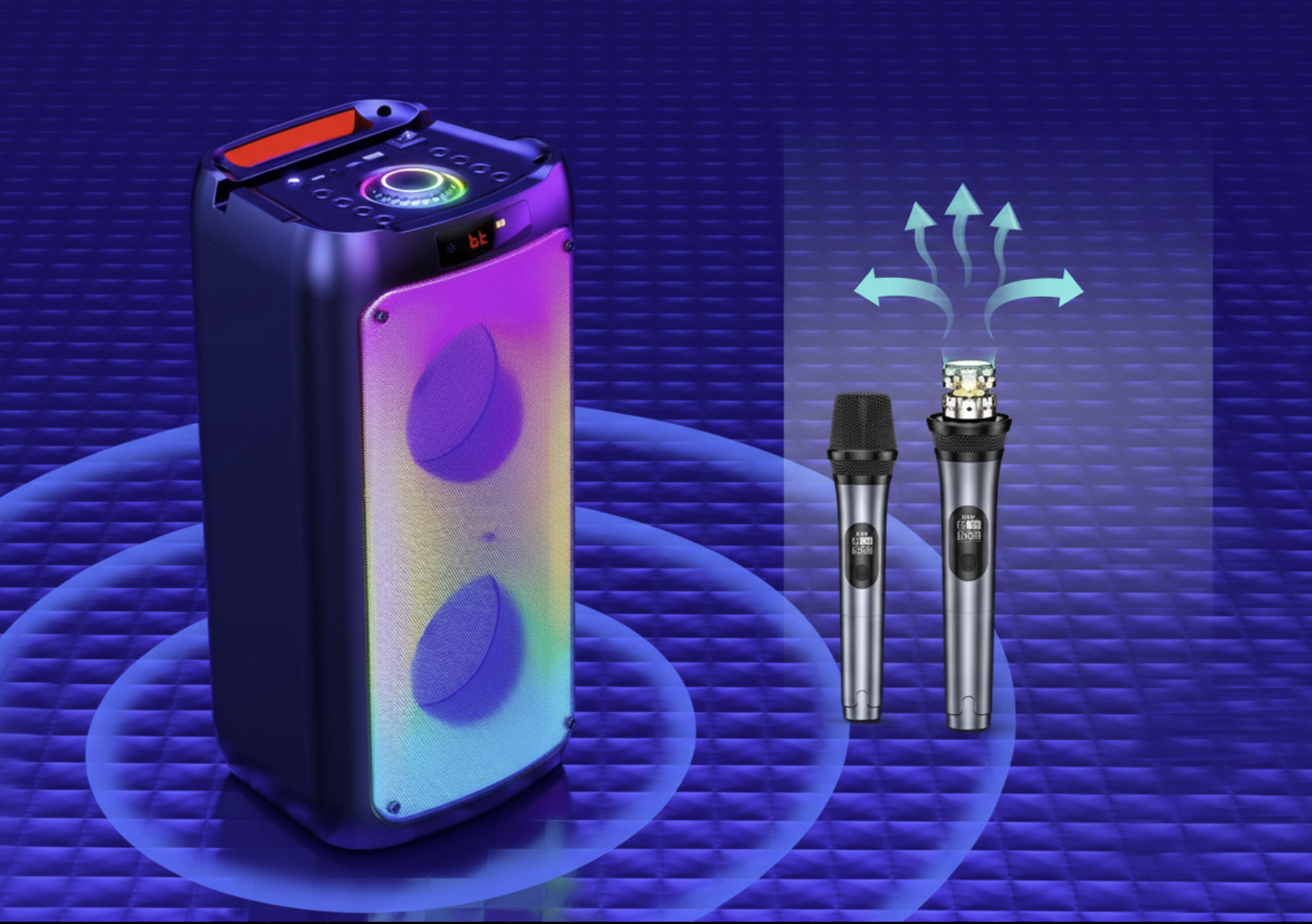 Wireless karaoke speaker from Tech Viral To You Limited with two microphones and colorful LED party lights.