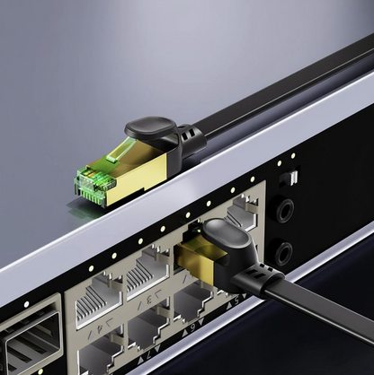 Cat8 Ethernet cable from Tech Viral To You Limited showing gold-plated connectors and black braided cable for high-speed gaming and streaming.