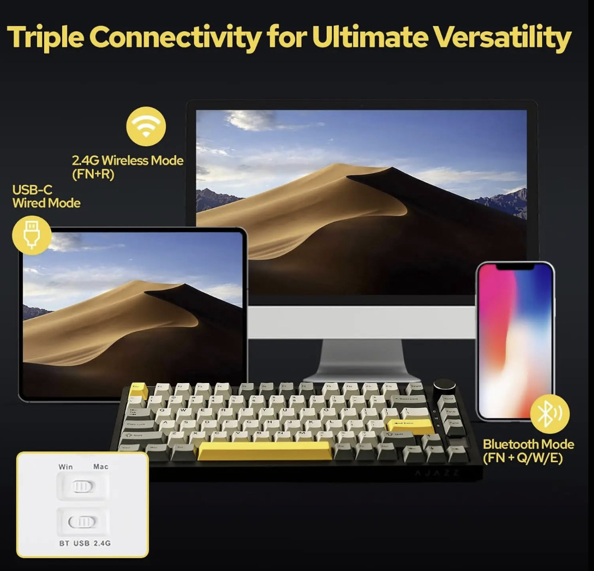 Wireless Ajazz AK820 gaming mechanical keyboard with RGB backlit keys, designed for gaming and typing.
