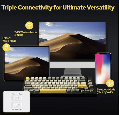 Wireless Ajazz AK820 gaming mechanical keyboard with RGB backlit keys, designed for gaming and typing.