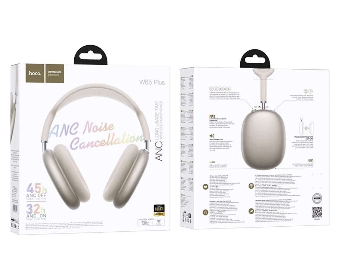 Over-ear HOCO W65 ANC wireless headphones with Hi-Fi sound, shown in black with cushioned ear cups and headband for comfortable wear.