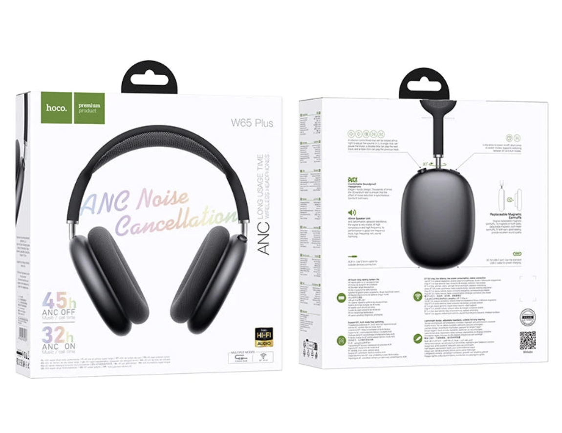 Wireless over-ear HOCO W65 ANC headphones with Hi-Fi sound from Tech Viral To You Limited, shown with cushioned ear cups and sleek design.
