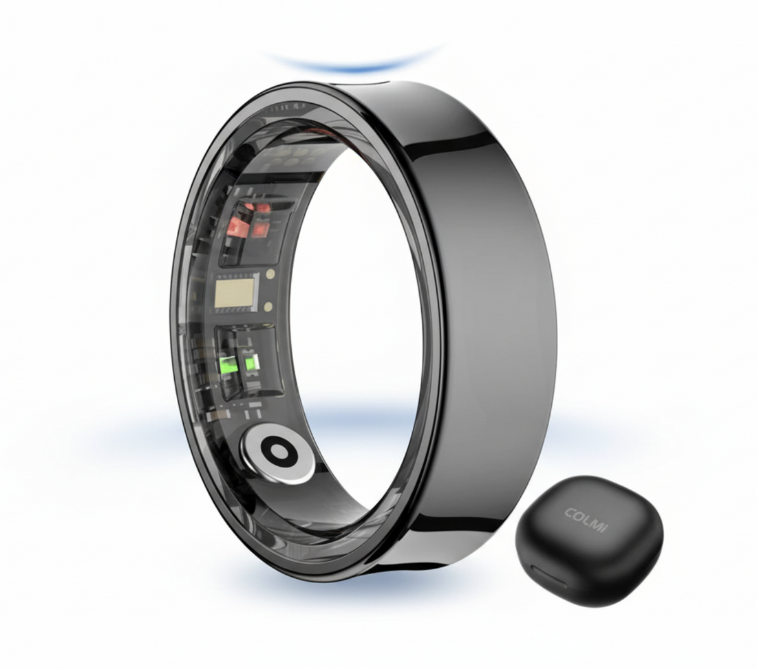 Silver COLMI R09 Smart Ring by Tech Viral To You Limited displaying health, sleep, and body temperature monitoring features.