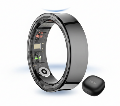 Silver COLMI R09 Smart Ring by Tech Viral To You Limited displaying health, sleep, and body temperature monitoring features.