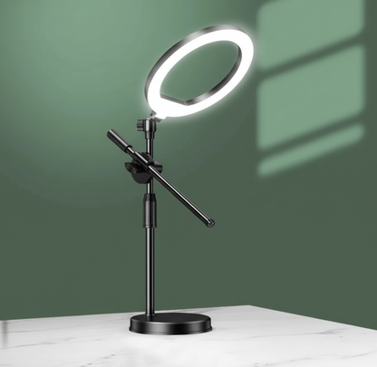 Tech Viral To You Limited 360° overhead phone stand ring light for desktop live and flat-lay shooting, with adjustable mounting.