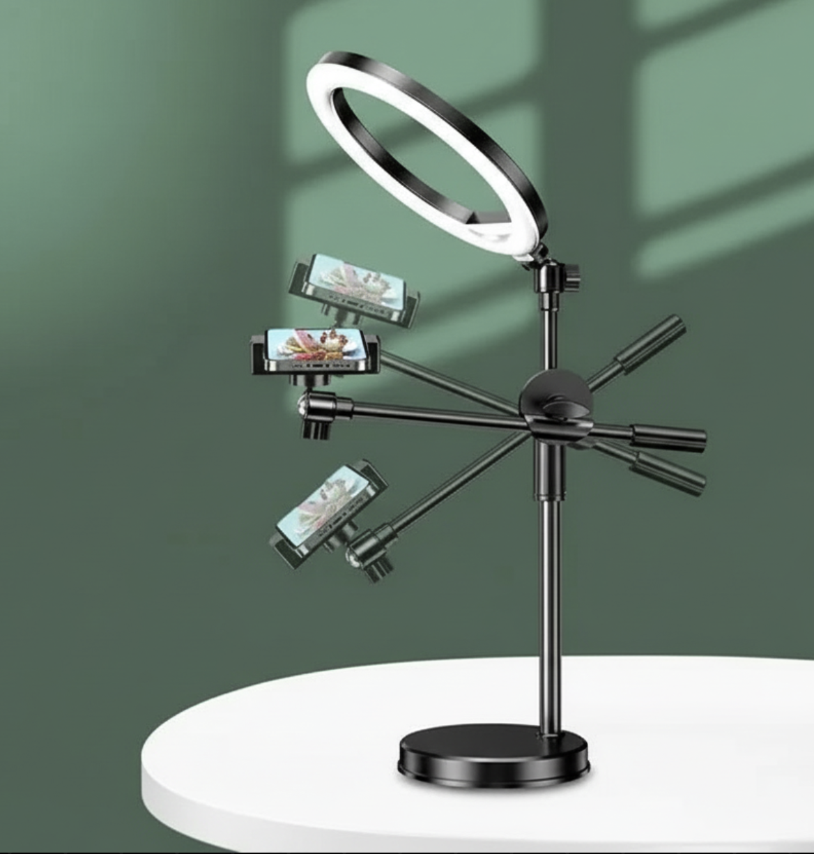 Tech Viral To You Limited 360° overhead phone stand with ring light for desktop live and flat-lay shooting, adjustable and versatile.