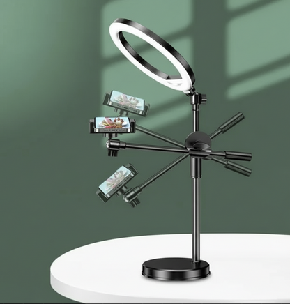 Tech Viral To You Limited 360° overhead phone stand with ring light for desktop live and flat-lay shooting, adjustable and versatile.