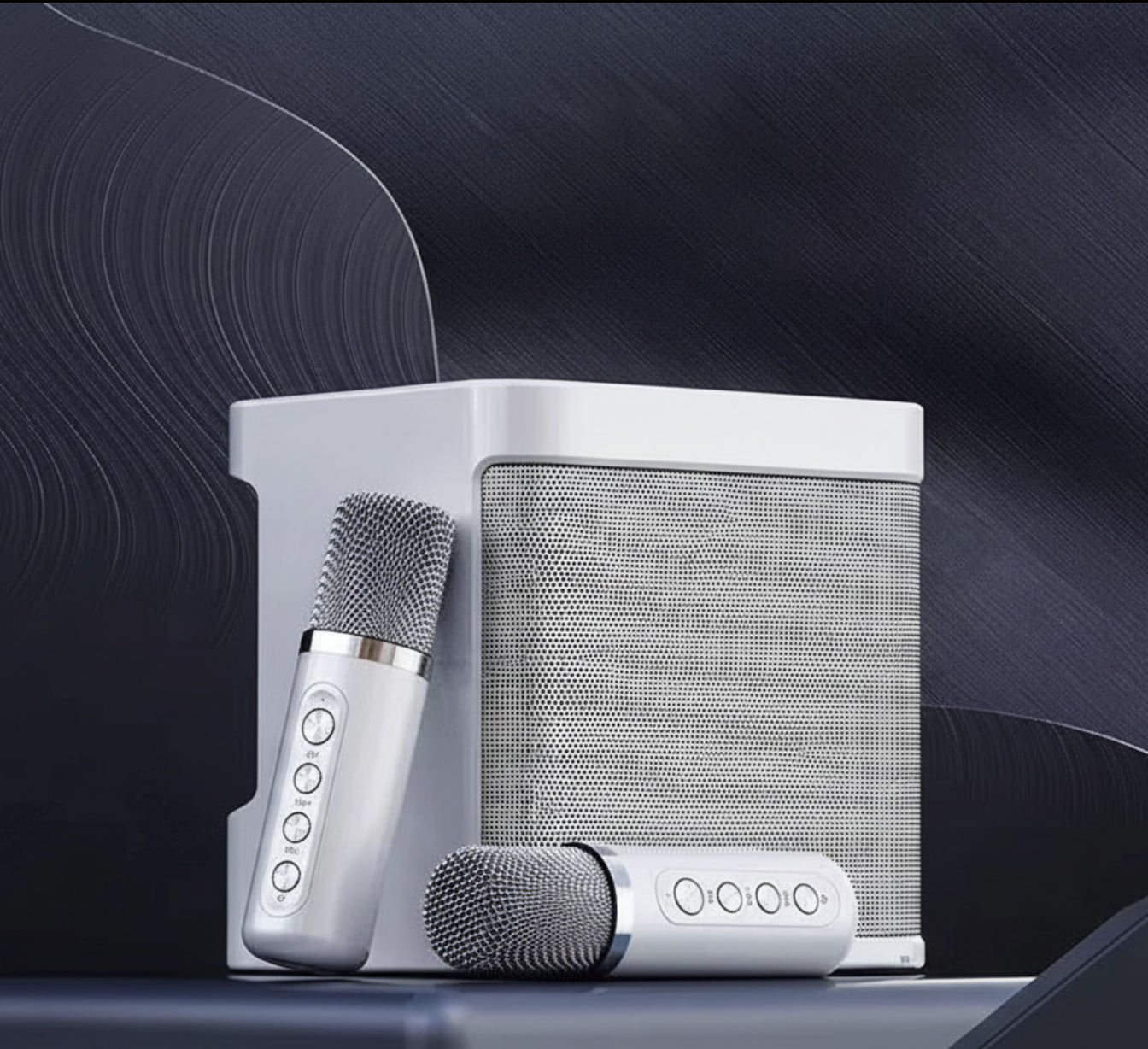 Portable karaoke machine with two wireless microphones and voice effects, ideal for singing and entertainment.