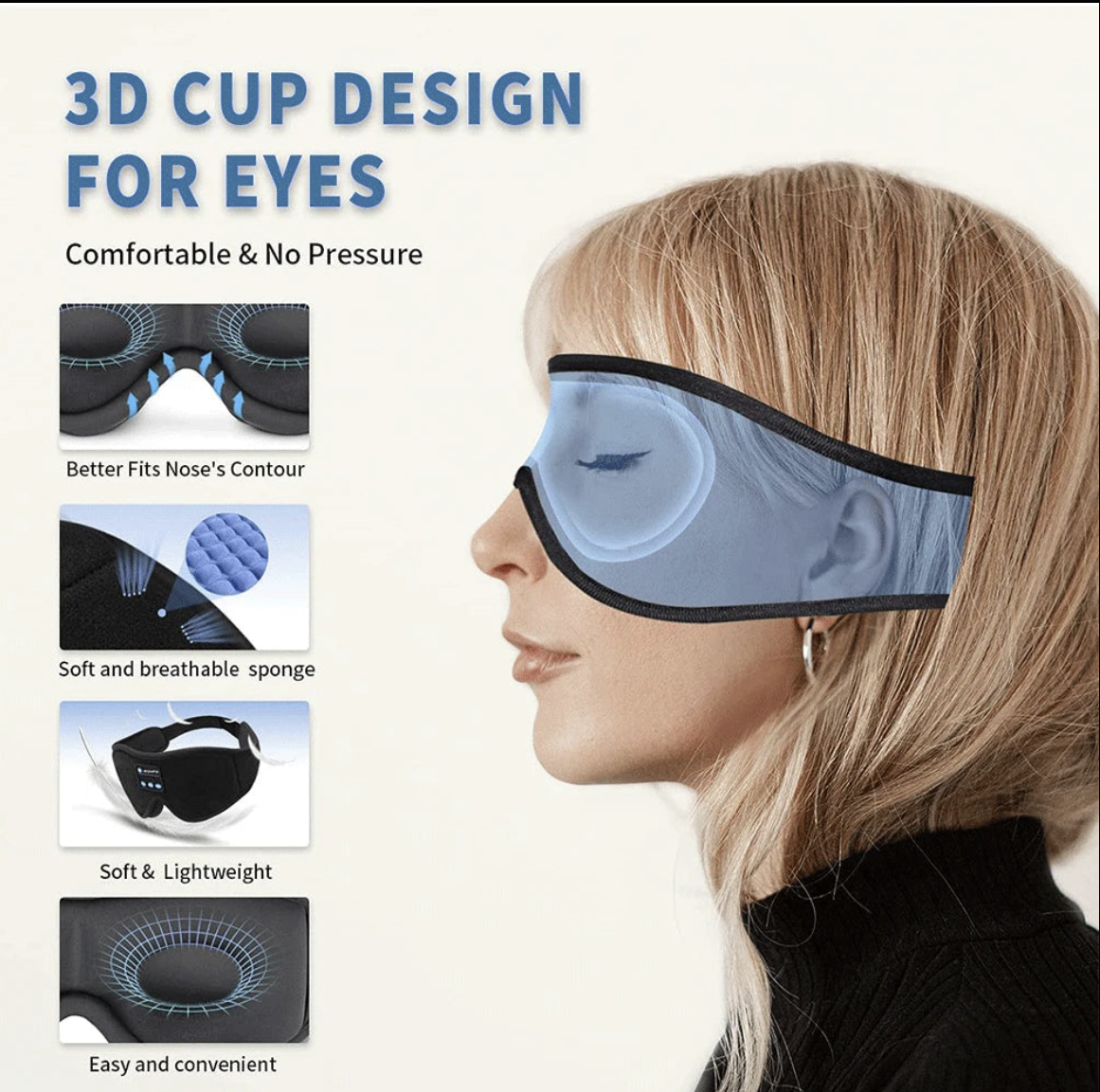 Hiveseen Bluetooth sleep mask headphones with 3D eye mask design, built-in speakers for comfortable music listening during sleep
