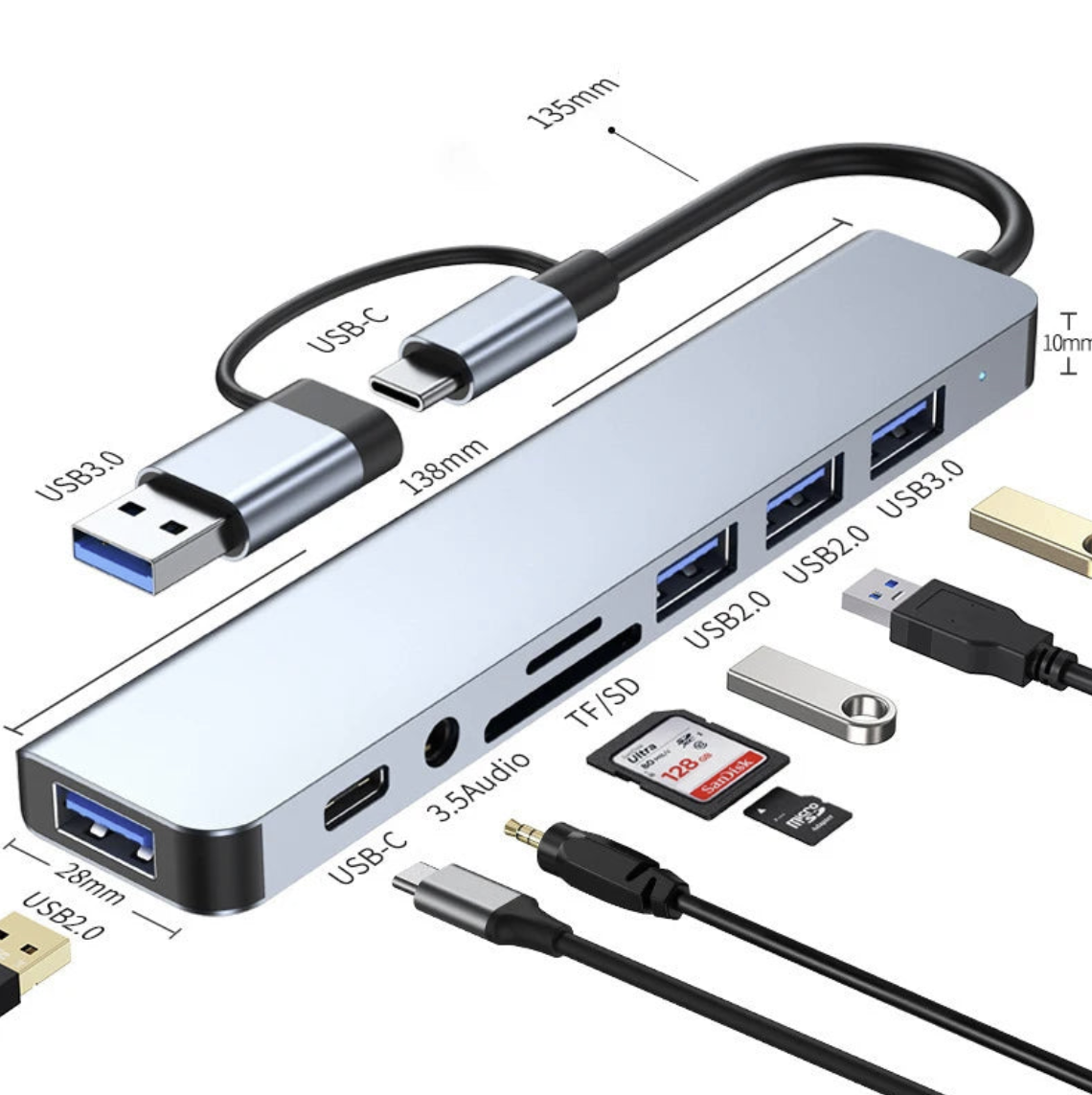 8-Port USB-C hub by Tech Viral To You Limited with SD card slot, audio jack, and 100W power passthrough for computers