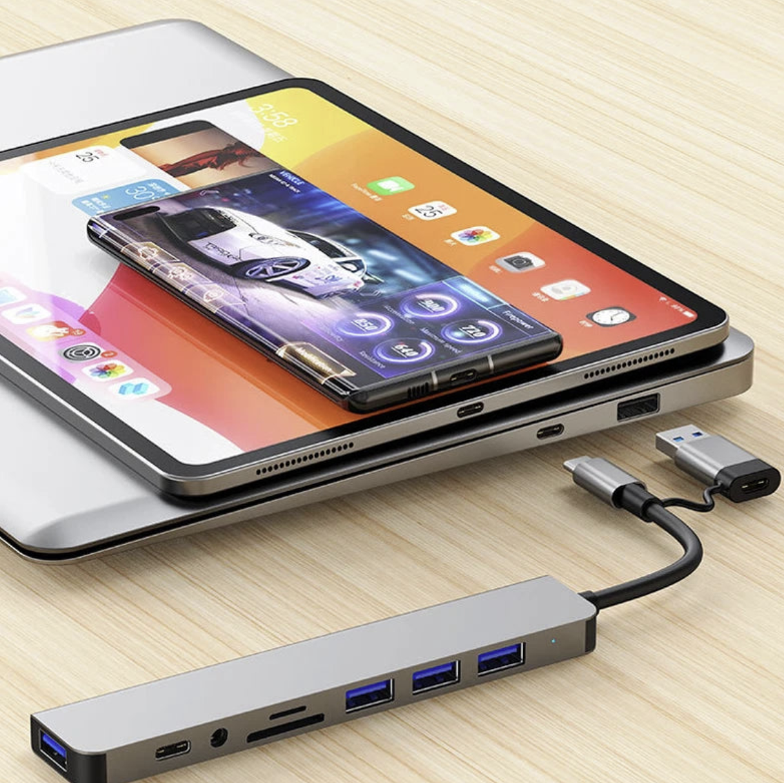 8-Port USB-C hub by Tech Viral To You Limited with SD card slot, audio port, and 100W passthrough for computer accessories.