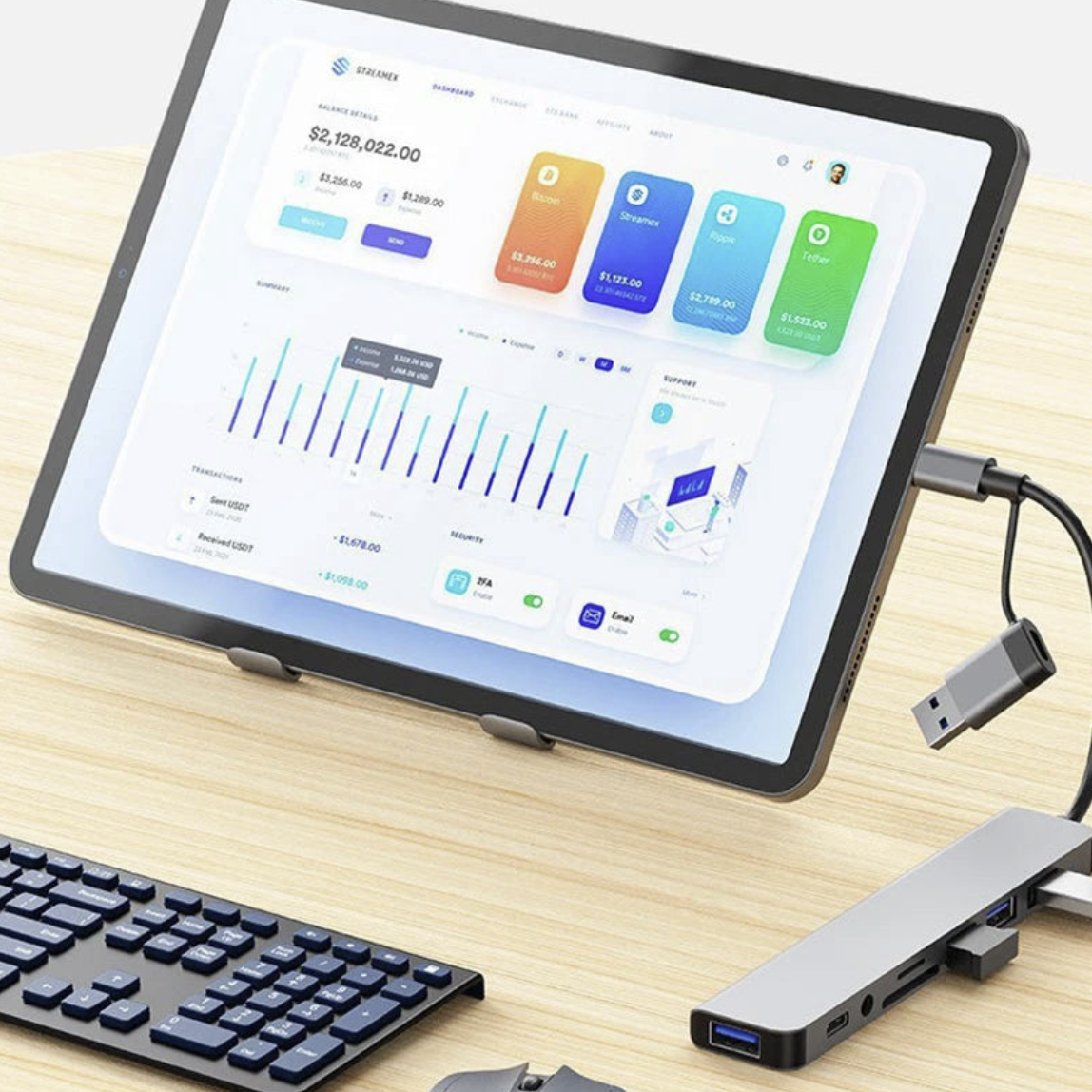 8-port USB-C hub by Tech Viral To You Limited with SD card slot, audio jack, and 100W passthrough for computer accessories.