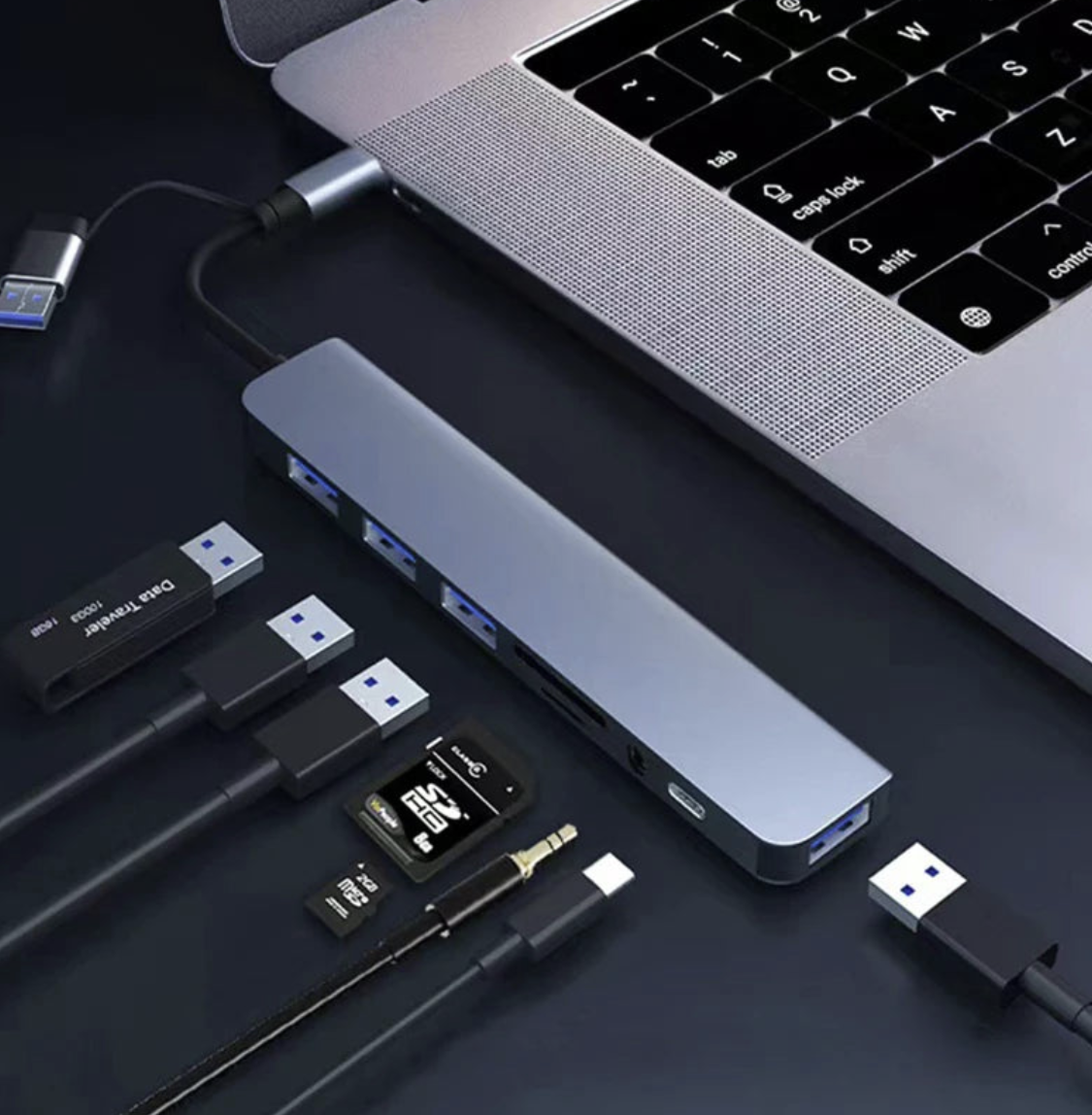 8-port USB-C hub by Tech Viral To You Limited with SD card slot, audio jack, and 100W power passthrough for computers