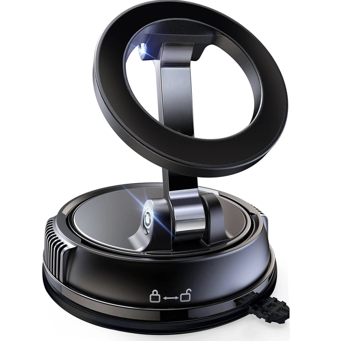 MagSafe car phone mount with 360° magnetic rotation and suction holder, compatible with various smartphones for secure in-car use.
