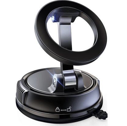 MagSafe car phone mount with 360° magnetic rotation and suction holder, compatible with various smartphones for secure in-car use.