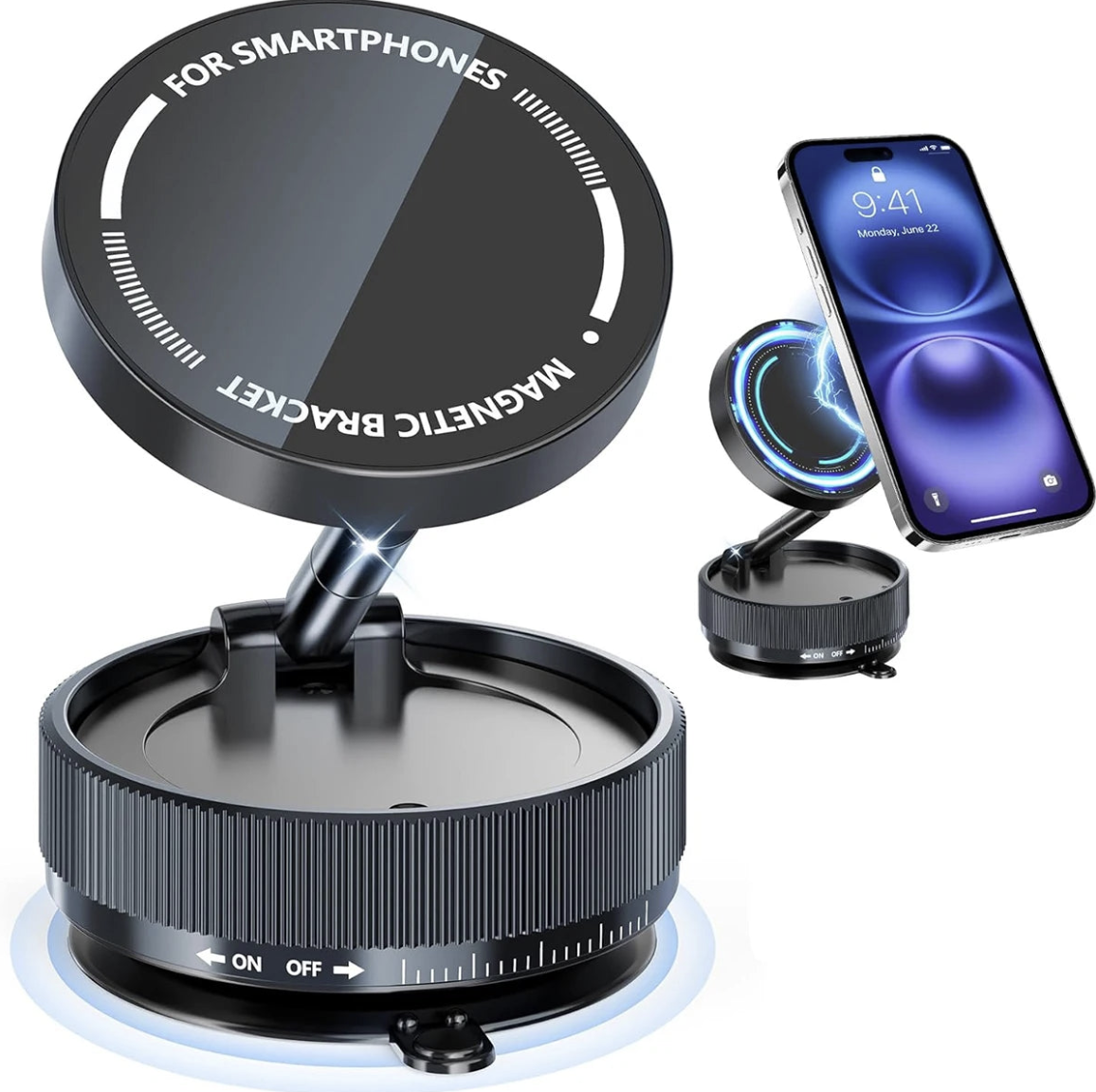 MagSafe car phone mount with 360° magnetic suction holder, compatible with smartphones and designed for secure vehicle mounting.